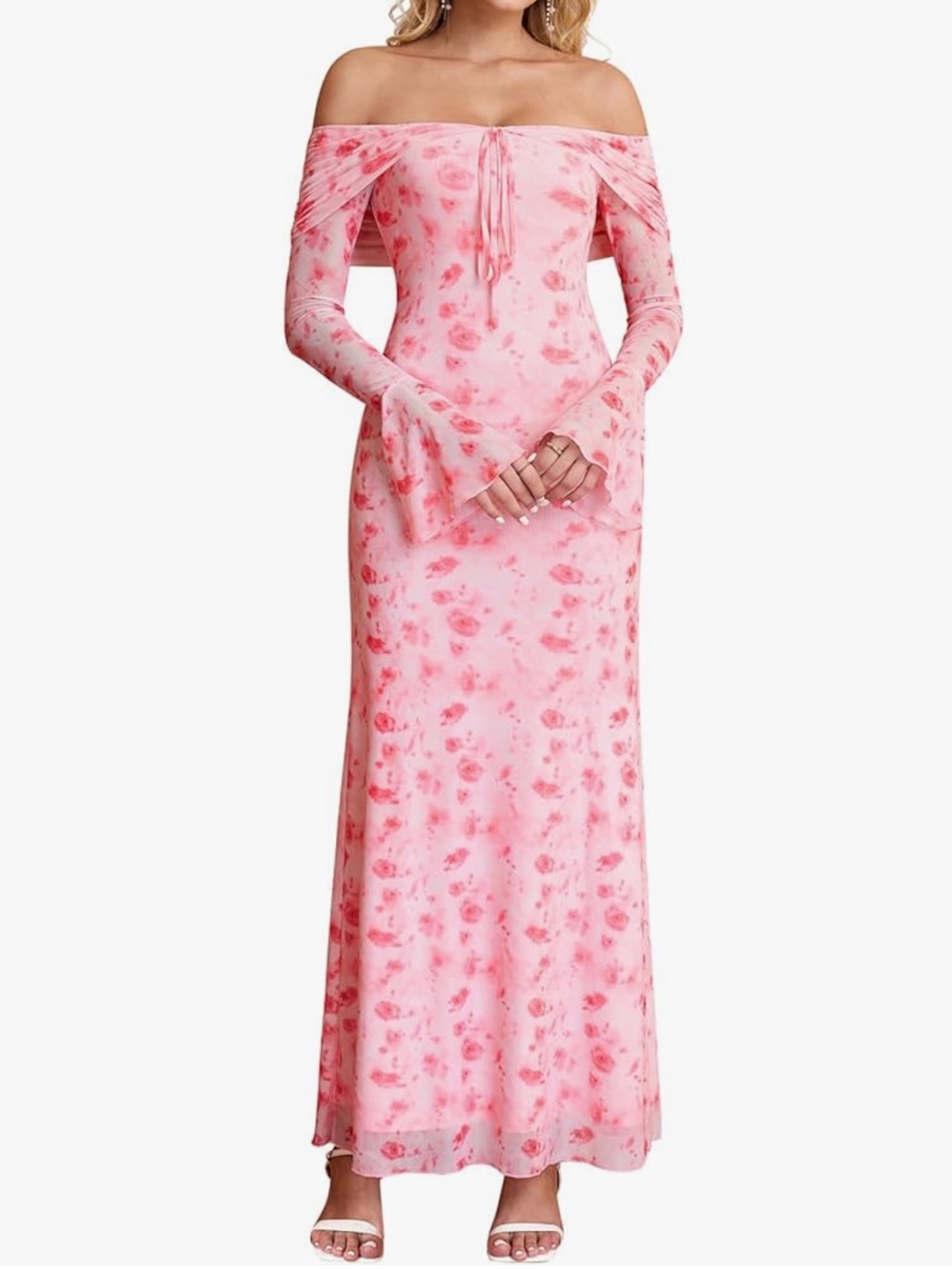Kutumai Off-Shoulder Mesh Long Sleeve Pink Floral Maxi Dress Sz S